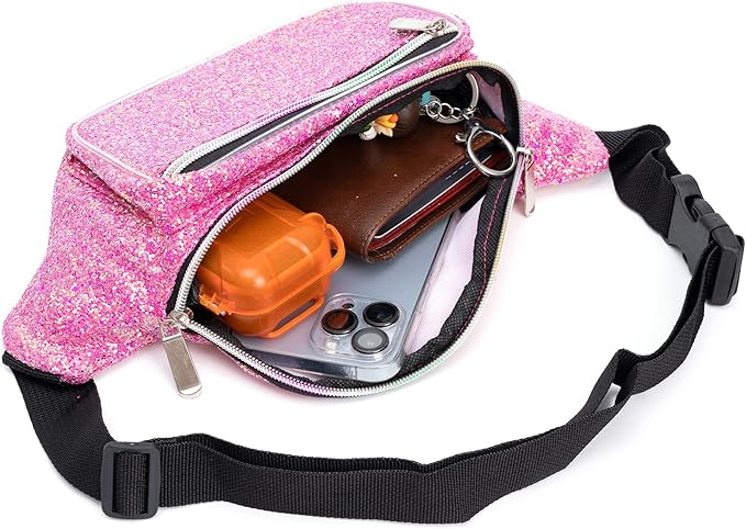 Holographic Rave Pink Purple Gravel Glitter Fanny Pack For Women Grils Festival Waist Belt Bags -Pink Purple Gravel