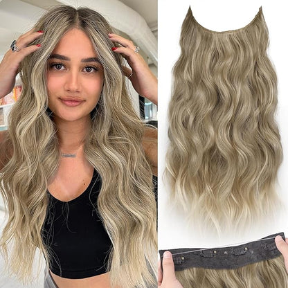 KooKaStyle Invisible Wire Hair Extensions with Transparent Wire Adjustable Size 4 Secure Clips Long Wavy Secret Synthetic Hairpiece 20 Inch for Women(Ash Brown mix Bleach Blonde)