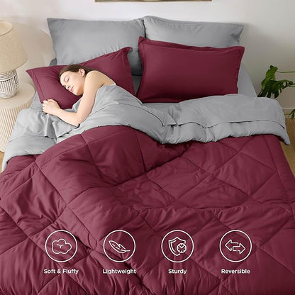 Bedsure Queen Comforter Set - 7 Pieces Reversible Burgundy Bedding, Queen Size Bed Set for All Seasons, Bed in a Bag with Down Alternative Comforter, Sheets, Pillowcases  Shams