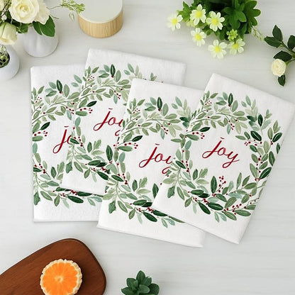 Joy Kitchen Towels, Christmas Rustic Leaves Berries Christmas Green Drying Kitchen Hand Towels New Home Essentials 16x24 Inch (Set of 4)