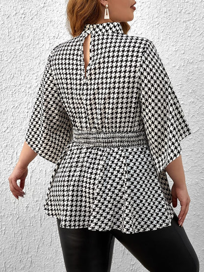 WDIRARA Women's Plus Size Houndstooth Print Plaid Ruch Ruffle Hem High Neck Flare Half Sleeve Casual Blouse Tops.