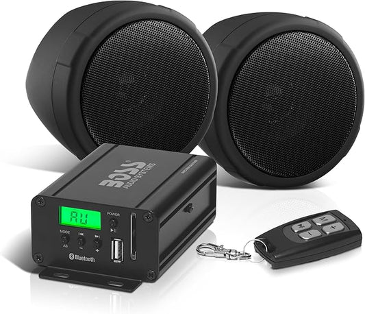 BOSS Audio Systems MCBK520B Motorcycle 3 Inch Stereo Speakers and Amplifier Audio Sound System - Bluetooth 2 Channel Amplifier, Weatherproof, FM Tuner, USB, SD, Auxiliary In, ATV UTV Compatible