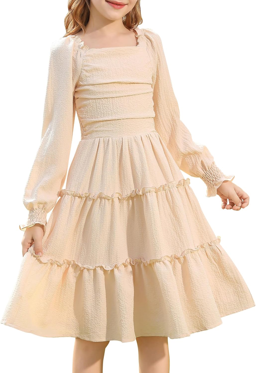 Girls Long Sleeve Dress Ruched Smocked Tiered Ruffle A-Line Casual Boho Teen Dresses with Pocket Size 6-16 Years