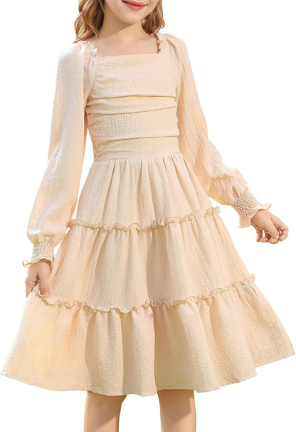 Girls Long Sleeve Dress Ruched Smocked Tiered Ruffle A-Line Casual Boho Teen Dresses with Pocket Size 6-16 Years