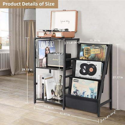 3-tier record player stand offers storage for 200 vinyl albums, turntable, and audio gear for vinyl enthusiasts.