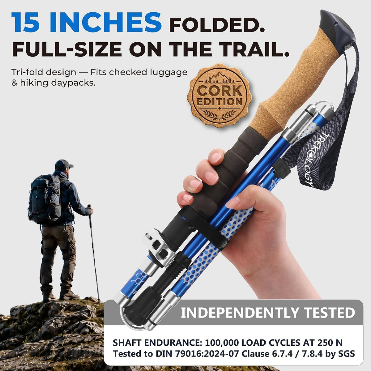 Trekology Trek-Z Hiking Trekking Poles, Walking Stick for Men, Women, 2pc Foldable, collapsible, adjustable lightweight aluminum staff for seniors; folding, retractable for travel, trails, balance ( Tip Protector doesn't come with )