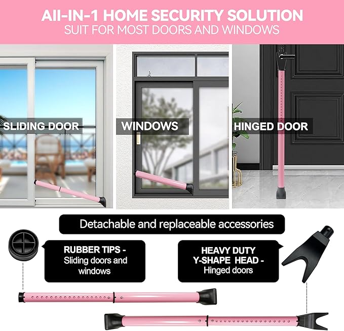 AceMining Upgraded Door Security Bar  Sliding Patio Bar, Heavy Duty Stoppers Adjustable Jammer for Home, Apartment, Travel (1 Pack,Pink)