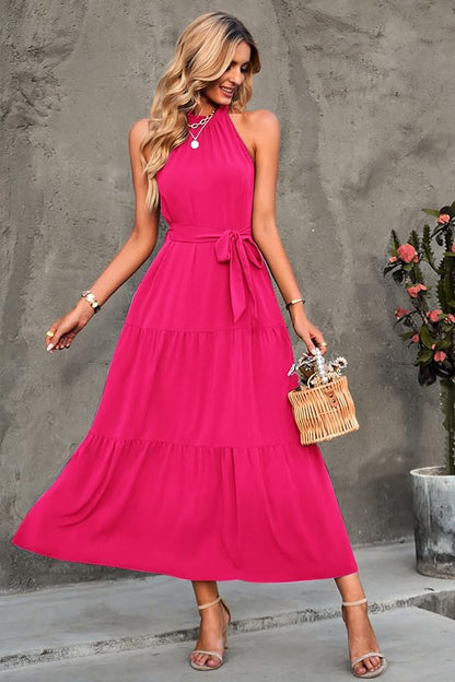 PRETTYGARDEN Women's Summer Floral Maxi Sun Dress Sleeveless Halter Neck Flowy Ruffle Hem Long Boho Dresses with Belt