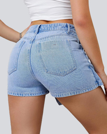 Women's High Waisted Stretchy Denim Skort Casual Asymmetrical Jean Skorts Mini Skirts with Shorts for Summer.