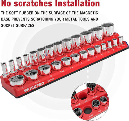 WORKPRO Magnetic Socket Organizer, 3/8-Inch SAE Socket Holder, Socket Trays Holds 26 Pieces Standard Size and Deep Size Sockets(Sockets not Included)