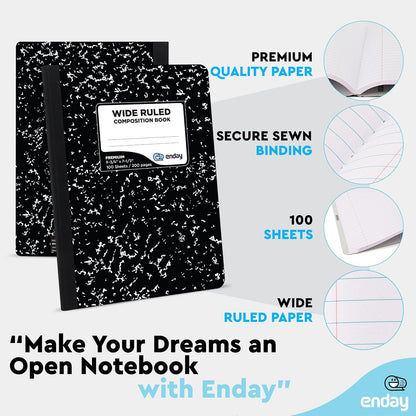 Enday Composition Notebook Wide Ruled (6 Pack) Hard Cover Marble Composition Notebook, 100 Sheets