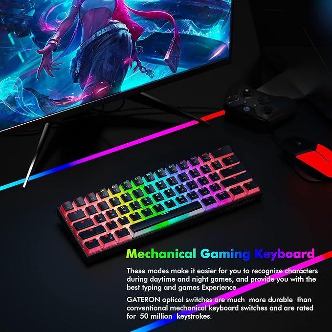 Ractous RTK61 60 Mechanical Gaming Keyboard with PBT Pudding keycap, RGB Backlit Hot Swappable Type-C 61Key Ultra-Compact Keyboard with Full Key Programmable-Black(Gateron Optical Blue Switch