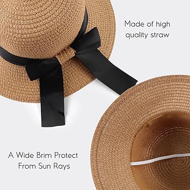 Zsedrut Women,Little Girls Straw Sun Hat Summer Beach Cap Foldable Visor Floppy Hats Wide Brim with Bowknot
