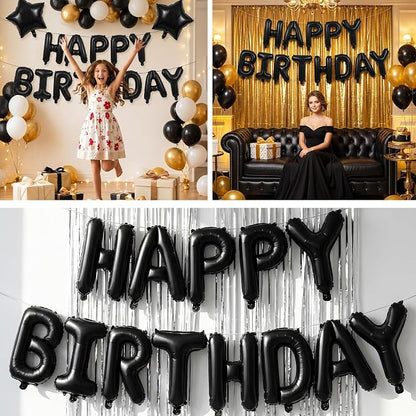 16 Inch Black Happy Birthday Balloons Banner Decorations for Men Reusable Foil Letter Birthday Sign Black Birthday Decoration for 16th 30th 50th 60th Boys Adults and Halloween Birthday Party