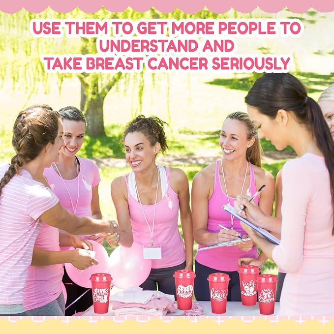 LemonRoad 24 Pcs Breast Cancer Awareness Plastic Tumblers with Lids 16oz Pink Ribbon Coffee Cups for Women Breast Cancer Survivor Gifts Party Event Supplies