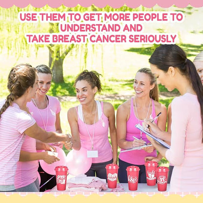 LemonRoad 24 Pcs Breast Cancer Awareness Plastic Tumblers with Lids 16oz Pink Ribbon Coffee Cups for Women Breast Cancer Survivor Gifts Party Event Supplies