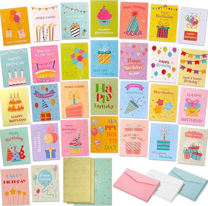 Birthday Cards Bulk - 30 PCS Unique Happy Birthday Gift Cards for Kids with Envelopes  Stickers, Birthday Greeting Cards For Women  Men, 30 Designs Gift Cards Birthday for Office, Family, Kids, Friends
