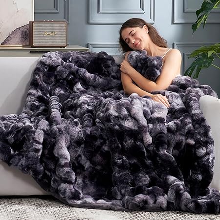 Cozy Bliss Faux Fur Throw Blanket for Couch, Fuzzy Soft Plush Thick Bubble Blanket for Sofa Bedroom Living Room, 60  80 Inches Tie Dye Black