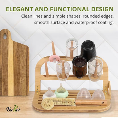 Bamboo Baby Bottle Drying Rack - Space Saving Bottle Dryer & Holder (no brush included)