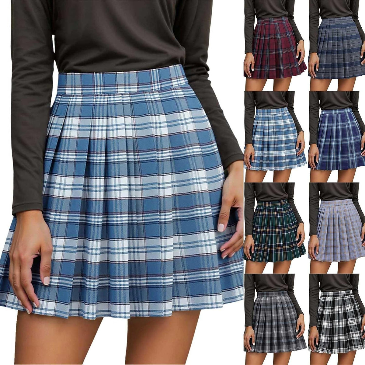 Womens Plaid Pleated Skirt Girls School Uniform Skirt High Waist A-line Skirt Athletic Running Pleated Skirt.