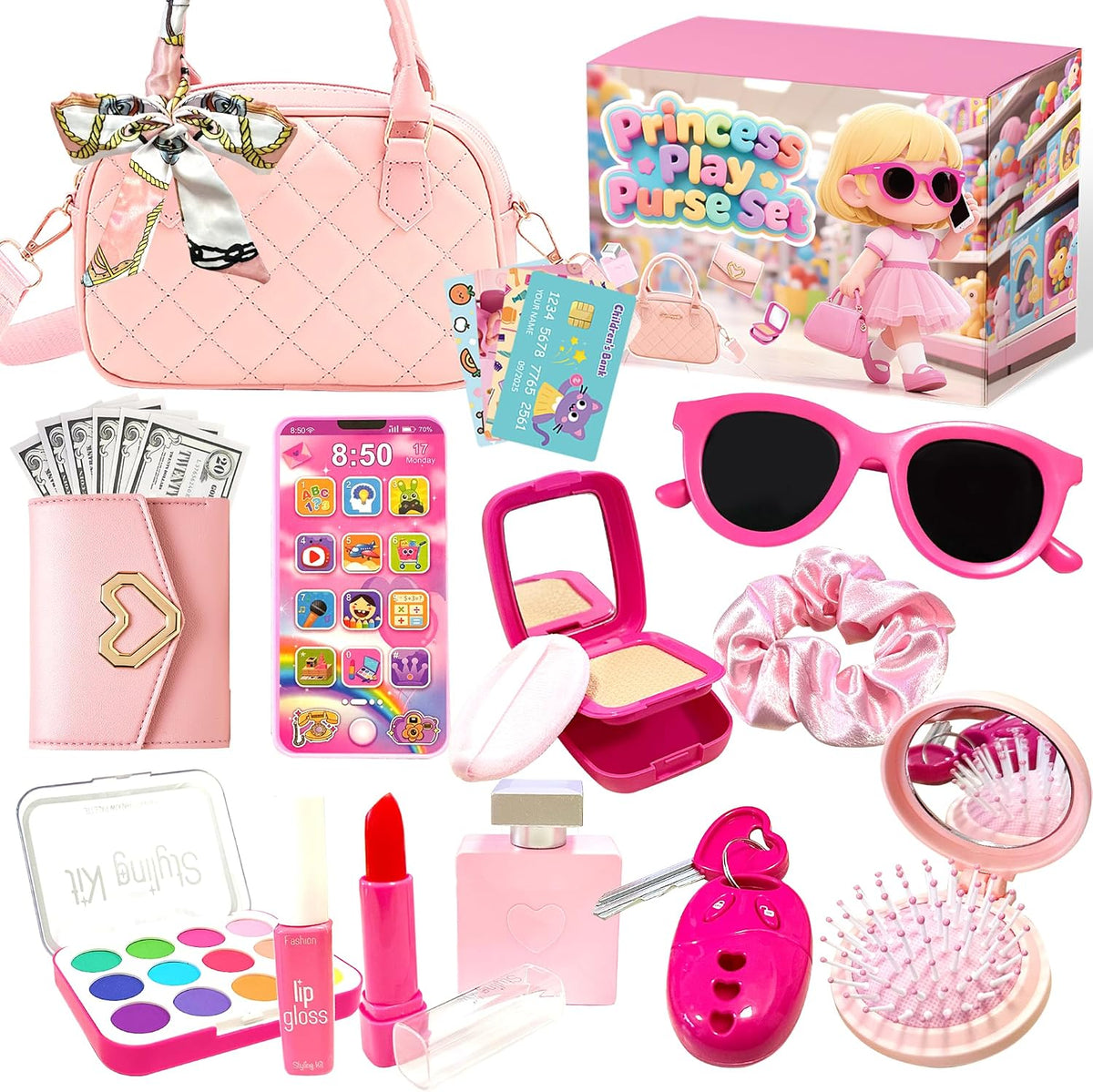 Comes With pretend headphones, Birthday Gifts Purse for Girls Ages 3-8, Toddler Purse Pretend Play Set | Little Girl Toys Include Wallet, Phone, Handbag, Sunglasses, Pretend Makeup for Dress Up, Birthday Gift, Christmas, Mommy .