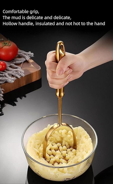 Golden Potato Masher Stainless Steel Masher Kitchen Tool Potatoe Avocado Sweet Potato Beans Avocado Fruit Vegetables Tomato Masher (Sharp Tail Style)