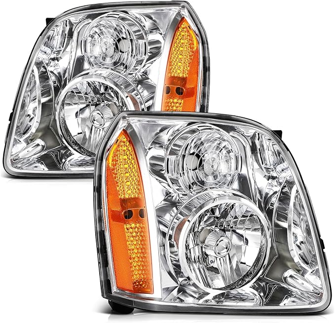 Headlights Assembly Pair Fit For 2007-2014 For GMC Yukon 2007-2014 For GMC Yukon XL 1500 2007-2013 For GMC Yukon XL 2500 Chrome Housing Amber Reflector Clear Lens Replace 15861025 15861026