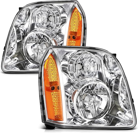 Headlights Assembly Pair Fit For 2007-2014 For GMC Yukon 2007-2014 For GMC Yukon XL 1500 2007-2013 For GMC Yukon XL 2500 Chrome Housing Amber Reflector Clear Lens Replace 15861025 15861026