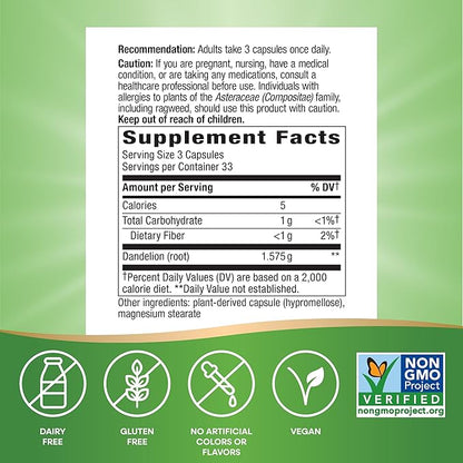 Nature's Way Dandelion Root, Traditional Diuretic Herb, Traditionally used to Soothe Digestive Upset, Vegan, 100 Capsules (Packaging May Vary)