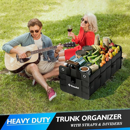K KNODEL Car Trunk Organizer, Foldable Cover, Heavy Duty Collapsible Truck Storage Organizer, Car Cargo Trunk Organizer with Lid, 3 Compartments, (Black)