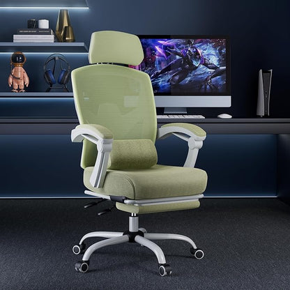 DUMOS Home Office Desk Chair with Footrest, High-Back Mesh Rolling Swivel Reclining Chairs with Wheels, Comfortable Headrest, Lumbar Support, Comfy Arms for Home, Office, Gaming, Student, Green