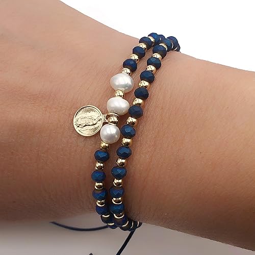 Dainty Pearls Our Lady of Guadalupe Medal Adjustable Set of 2 Bracelets For Women (Blue)