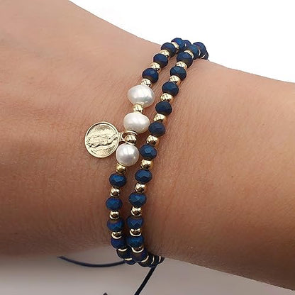 Dainty Pearls Our Lady of Guadalupe Medal Adjustable Set of 2 Bracelets For Women (Blue)
