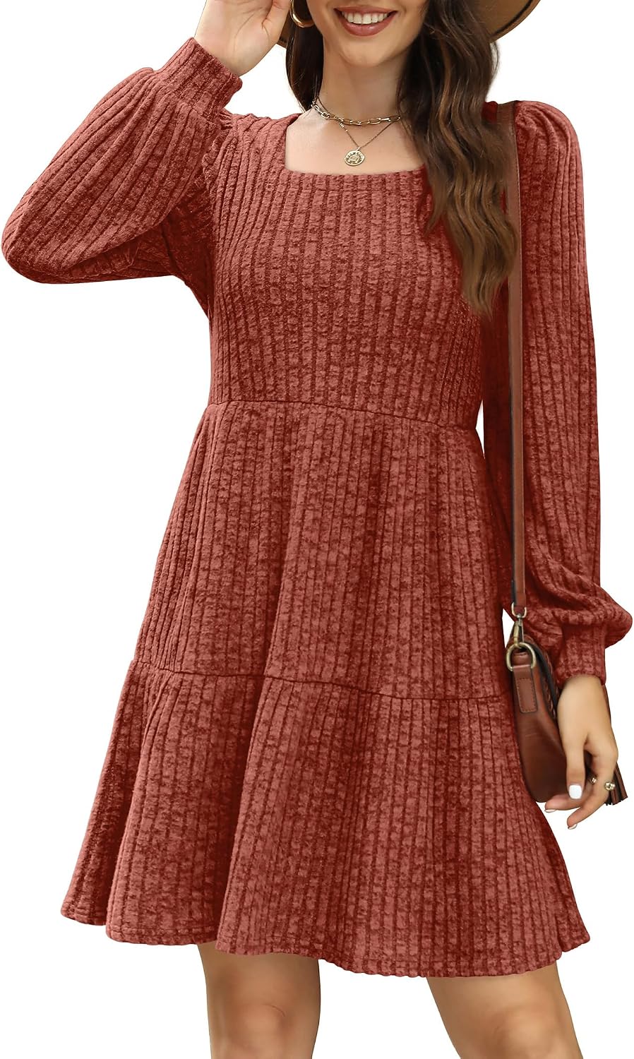 Sampeel Womens Square Neck Long Sleeve Fall Dresses Casual Babydoll Sweater Dress.