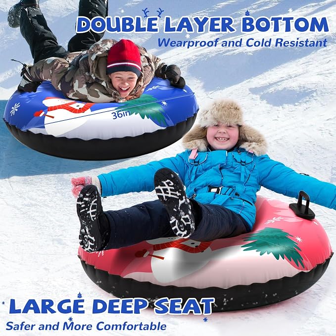 Snow Tube, 36‘’ 3Packs/4Packs Snowman Snow Tubes for Kids & Adults, Durable Cold-Resistant PVC Inflatable Snow Sled, Heavy-Duty Hard Bottom & Handles, Perfect for Family Boys Girls Sports Fun