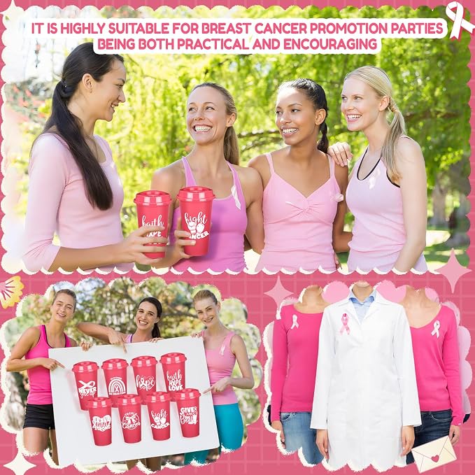 LemonRoad 24 Pcs Breast Cancer Awareness Plastic Tumblers with Lids 16oz Pink Ribbon Coffee Cups for Women Breast Cancer Survivor Gifts Party Event Supplies