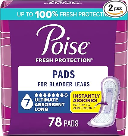 Poise Incontinence  Postpartum Pads for Bladder Leaks, 7 Drop Ultra Absorbency, Long Length, 78 Count, Packaging May Vary