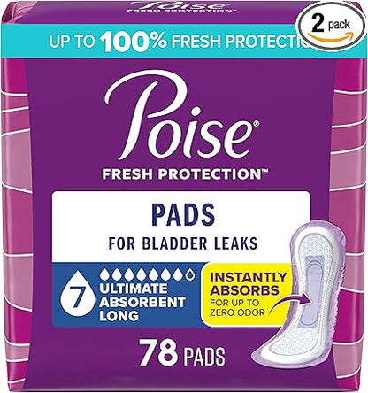Poise Incontinence  Postpartum Pads for Bladder Leaks, 7 Drop Ultra Absorbency, Long Length, 78 Count, Packaging May Vary