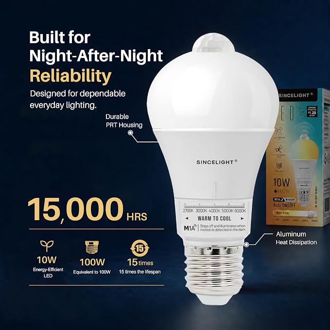 Motion Sensor LED Light Bulb 9W with E26 Base, PIR Motion-Activated in The Dark, Automatically ON/Off by Dual Sensors, 5 Color Temperatures Turnable, Pack of 2