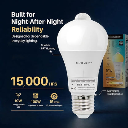 Motion Sensor LED Light Bulb 9W with E26 Base, PIR Motion-Activated in The Dark, Automatically ON/Off by Dual Sensors, 5 Color Temperatures Turnable, Pack of 2