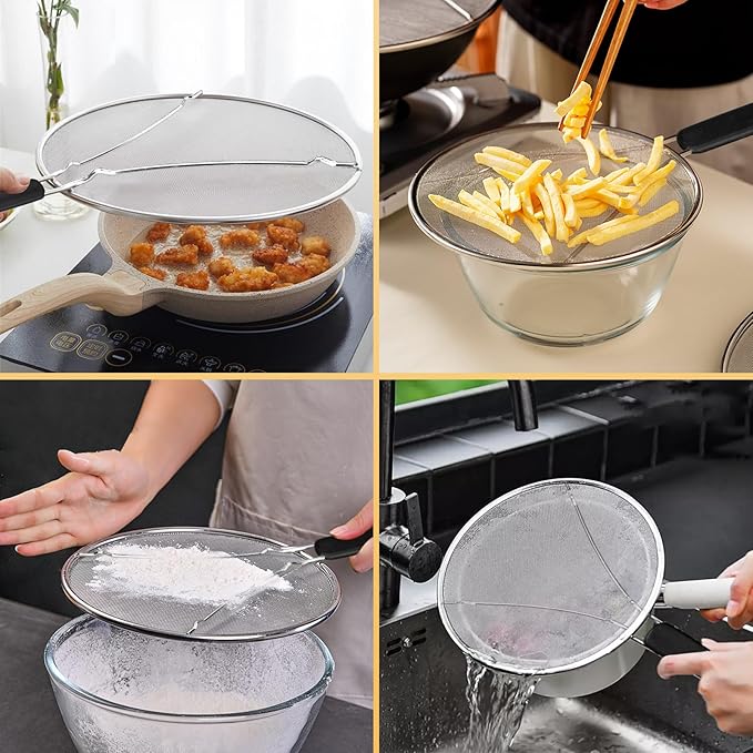 Splatter Screen for Frying Pan 13" 11.5" 9.8" Stainless Steel Fine Mesh Grease Splatter Guard with Comfort Silicone Handles and Resting Feet for Prevent Oil Splatter Safe Cooking