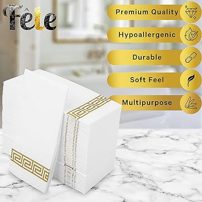Decorative Hand Towels, Gold design 50 Disposable Linen-Feel Guest Towels  Formal Dinner, Anniversary, Wedding Napkins for Tables, Guestrooms, Restrooms, 8.5x4-Inches Folded, Gold 50 Pack
