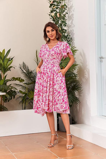 Woman's Floral V Neck Button Elastic Waist Dress with Pockets