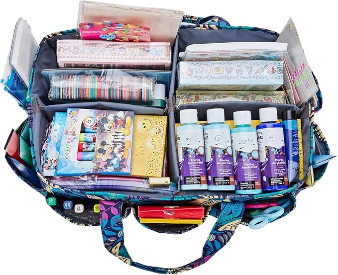 HOMEST Craft Organizer Tote Bag with Multiple Pockets, Storage Art Caddy for Scrapbooking, Crafts Supply Carrier for Tools, Floral