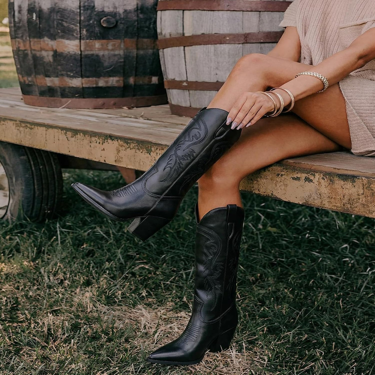 ISNOM Cowboy Boots Cowgir Boots for Women, Pointed Toe Chunky Heel Western Boots