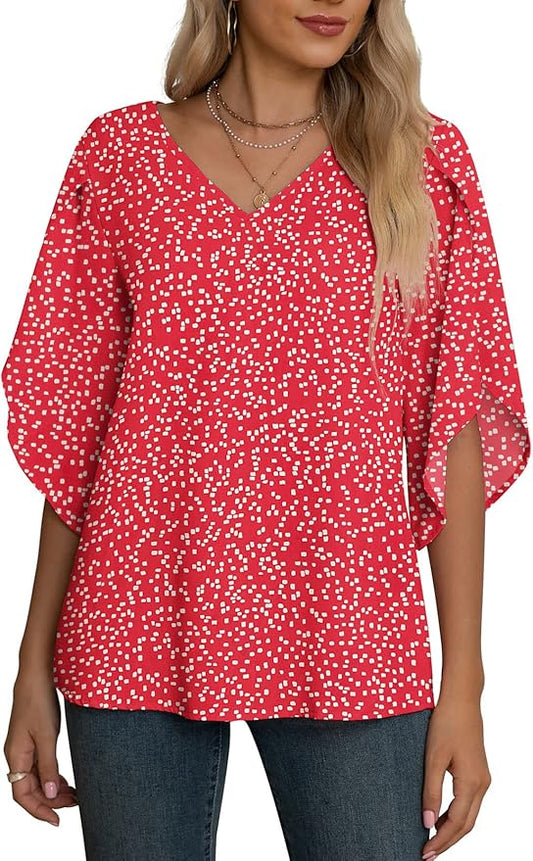 Jouica Women's Fall Casual 3/4 Ruffled Sleeve Chiffon Blouse Tops for Women