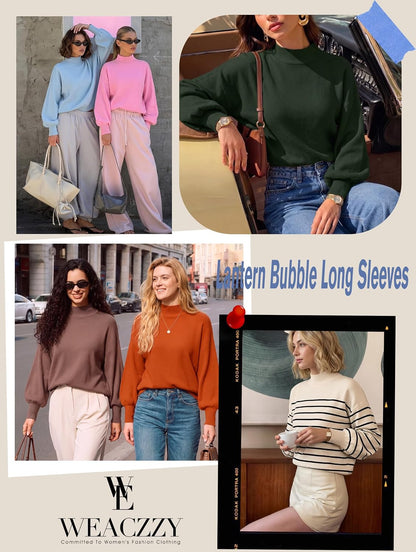 WEACZZY Women's 2026 Fall Fashion Casual Sweaters Mock Neck Long Lantern Sleeve Lightweight Knit Pullover Sweater Tops