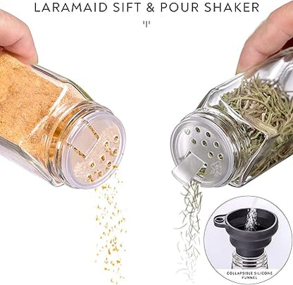 Laramaid 6oz 30Pack Glass Jars with Minimalist White Spice Labels, Shaker Lids Dispenser with Airtight Silver Metal Caps, Black Pen, Cleaning Brush  Collapsible Silicone Funnel