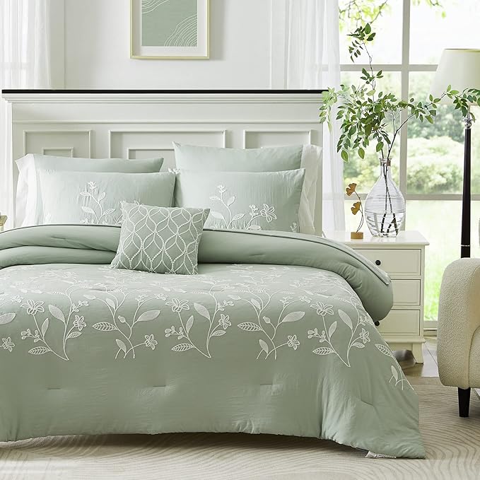 MaiRTMve Queen Size Comforter Sets, Embroidery Queen Bedding Sets 7 Pieces, Sage Green Comforter Set Queen Size, All Season Bed in A Bag Queen with Sheets, Comforter,Pillowcase  Shams