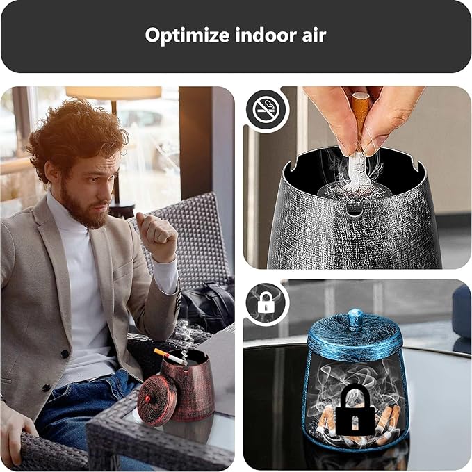 roygra Ashtray with Lid, Windproof Smokeless Odorless Metal Tabletop Ash Tray for Outdoor Indoor Home Office Patio Balcony Decoration  Blue, Large (4.63 x 3.93 x 3.93)